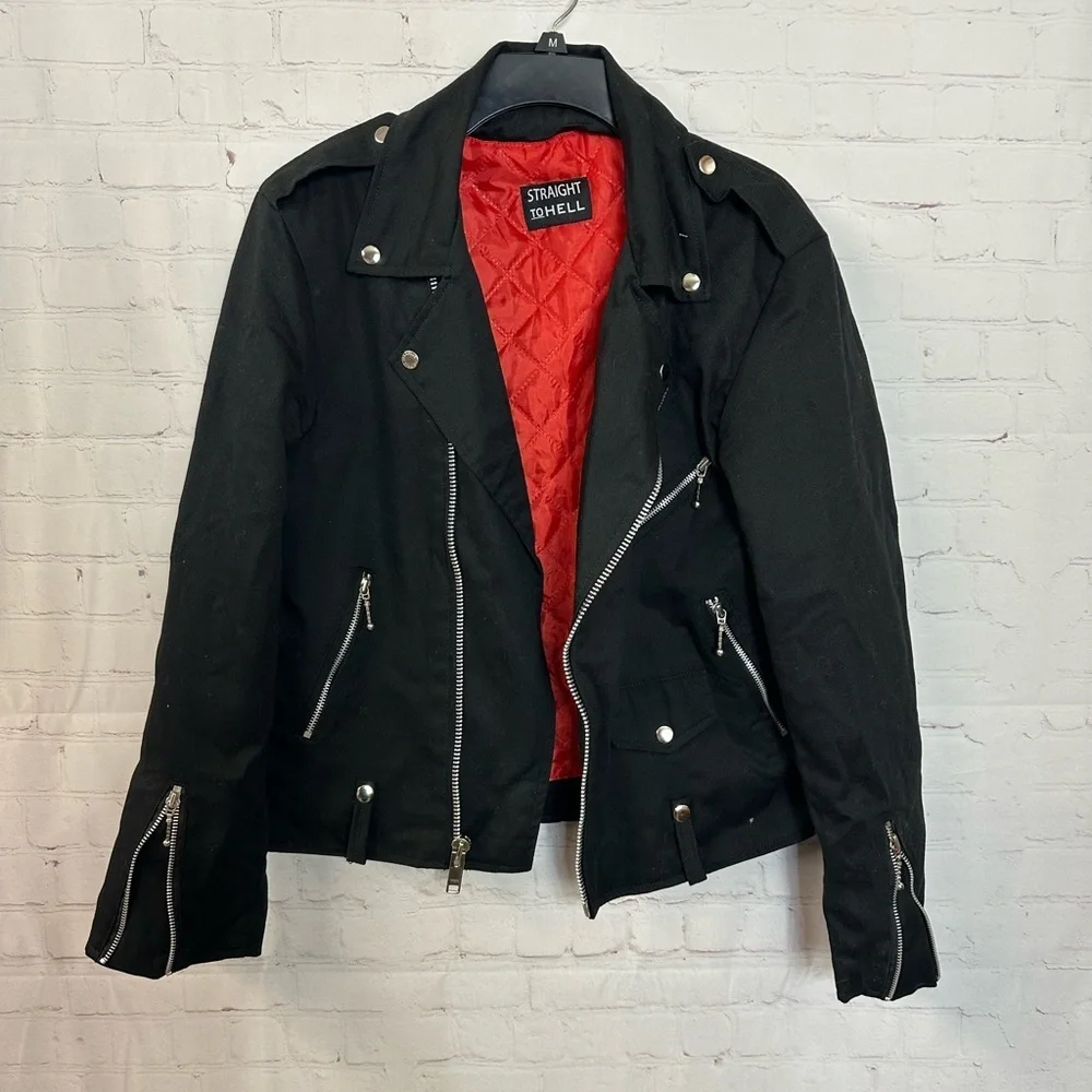 Straight to Hell Black Moto Jacket with Red Lining